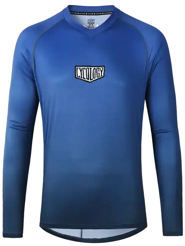 Blue long-sleeve cycling jersey with Cycology logo, ideal for men's and women's bike rides
