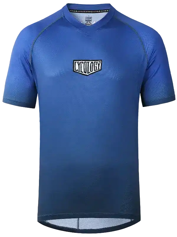 Blue men's cycling jersey with logo, breathable fabric, short sleeves, ideal for road biking