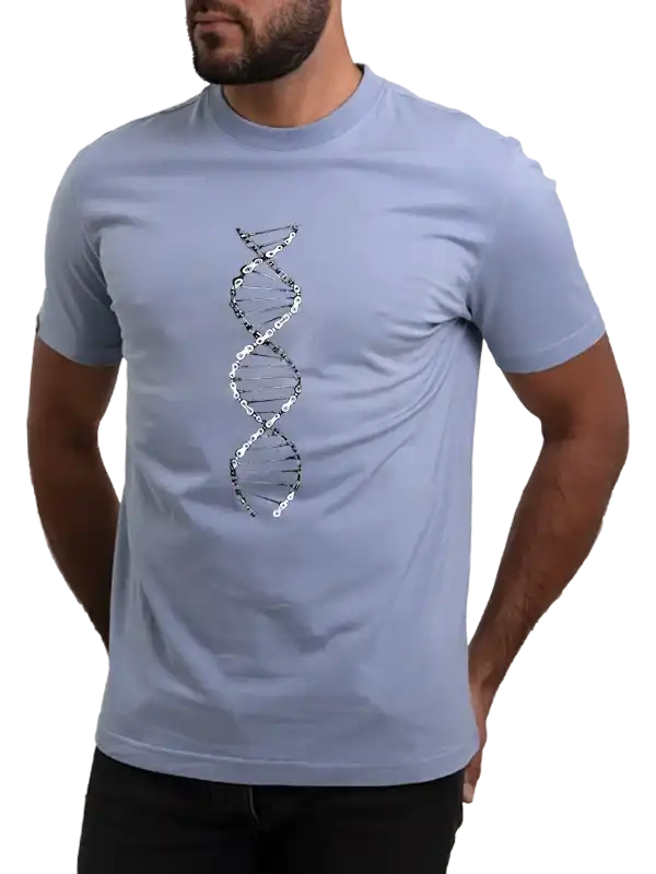 Men's light blue cycling t-shirt with DNA helix graphic design