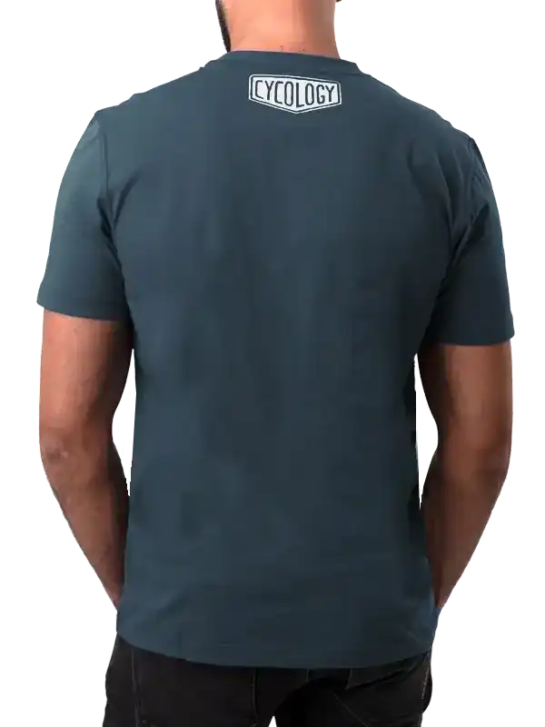 Men's dark teal cycling t-shirt with white Cycology logo on back, casual fit for bike rides