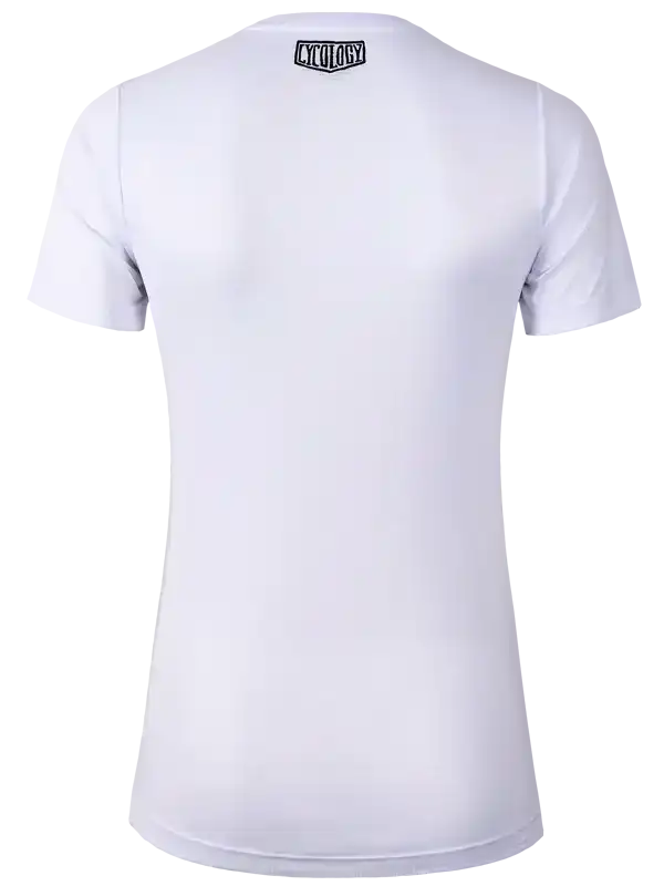 White cycling t-shirt with small logo at neckline, designed for men or women
