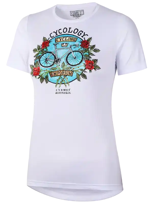 White women's cycling t-shirt with vintage bike and rose graphic, Sydney Australia design