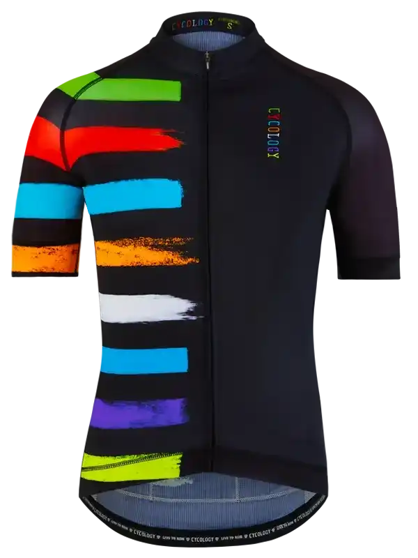 Men's cycling jersey with colorful brushstroke stripes, full zip, and performance fabric