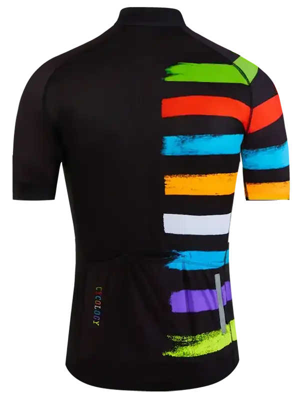 Men's cycling jersey with vibrant rainbow stripes on black, featuring rear pockets and reflective detail