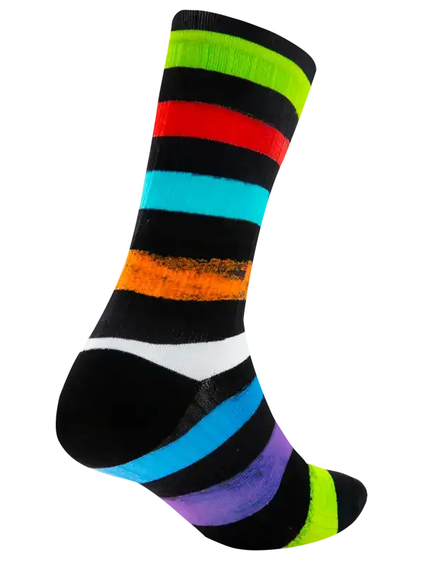 A single crew cycling sock with bold horizontal stripes in black, lime green, red, cyan, orange, white, and a small blue section near the heel, shown on a plain white background.