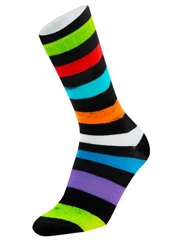 A single crew cycling sock with bold horizontal stripes in black, neon green, red, turquoise, orange, white, blue, purple, and neon green, shown on a plain white background.