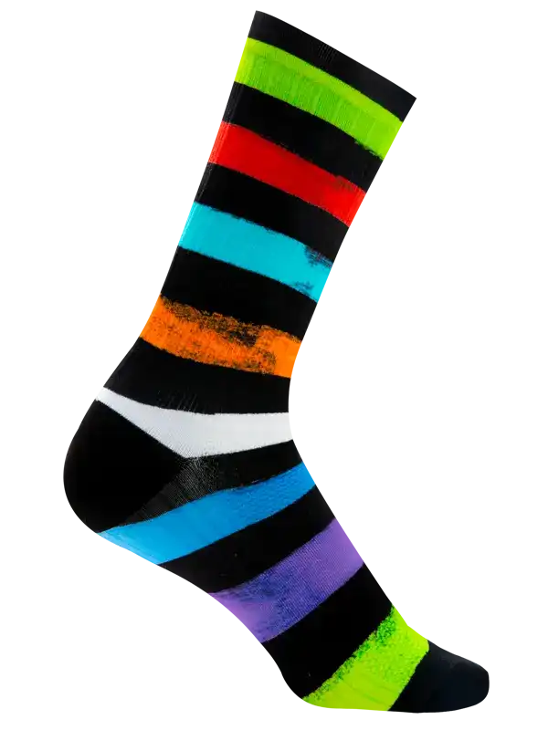 A single crew cycling sock with bold horizontal stripes in black, lime green, red, cyan, orange, white, and a small blue section near the heel, shown on a plain white background.