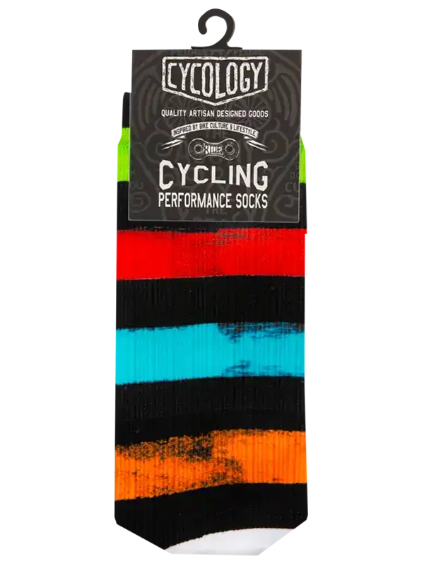 A pair of cycling performance socks by Cycology, featuring bold horizontal stripes in red, black, turquoise, orange, and white, with a black hanging card at the top.