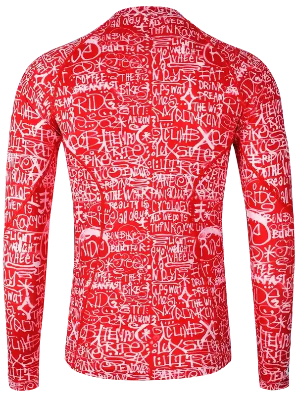 Red long-sleeve cycling jersey with white graffiti-style text and bike graphics, ideal for men's or women's road rides.