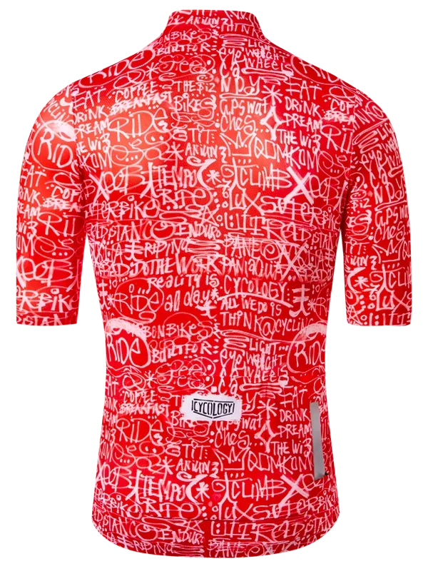 Red cycling jersey with white text pattern