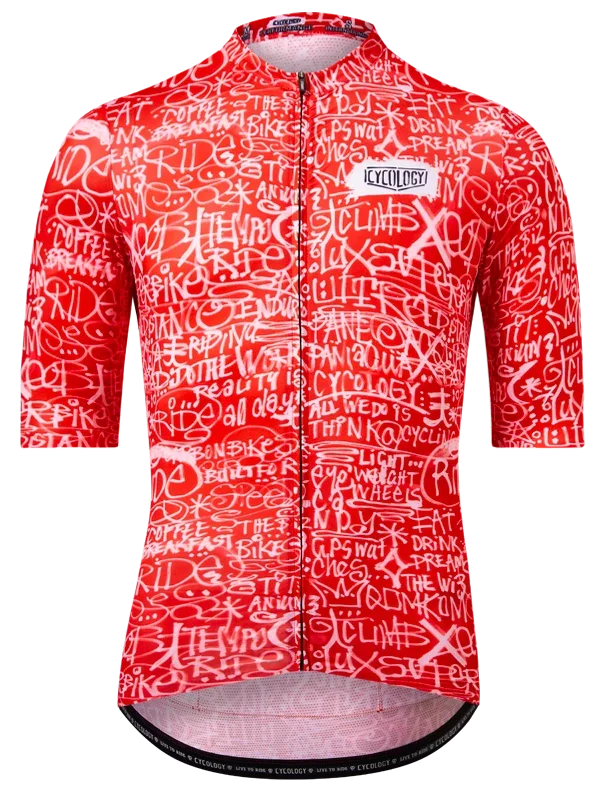 Red cycling jersey with white text pattern