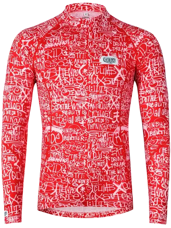 Red long-sleeve cycling jersey with white graffiti-style cycling phrases, ideal for men's and women's rides