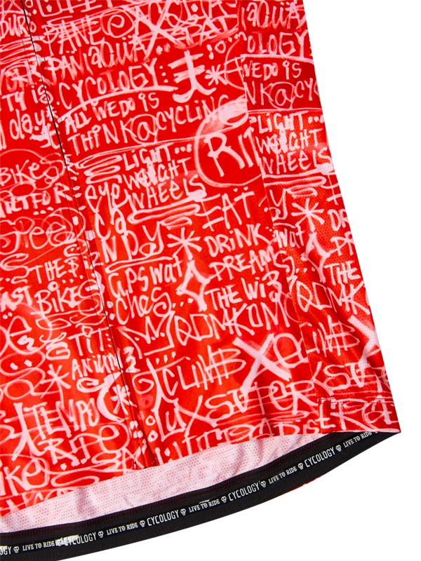 Red cycling jersey with white text pattern