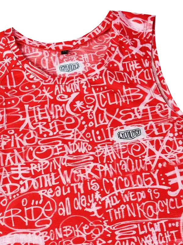 Red sleeveless cycling jersey with white graffiti-style text, featuring 'RIDE' and 'CYCOLOGY' logos