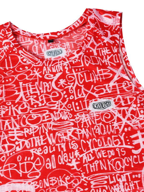 Sleeveless cycling base layer with red and white graphic design