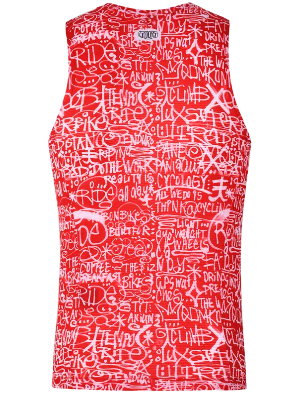 Sleeveless cycling base layer with red and white graphic design