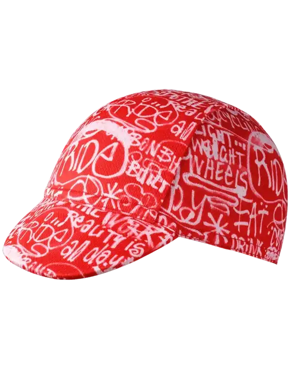 Red cycling cap with white graffiti-style ride slogans, ideal for bike rides and cycling gear