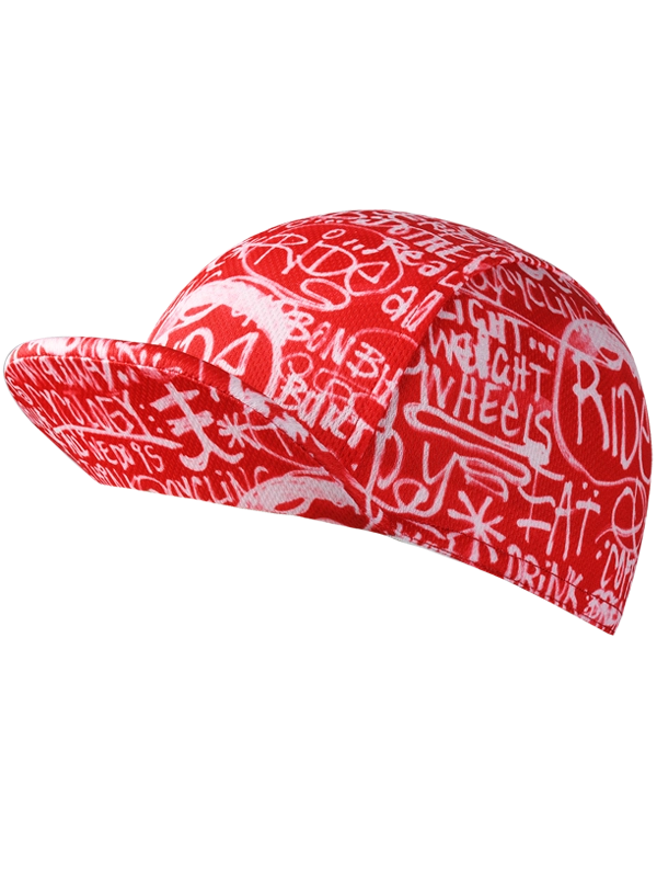 Red cycling cap with white text and graphics 