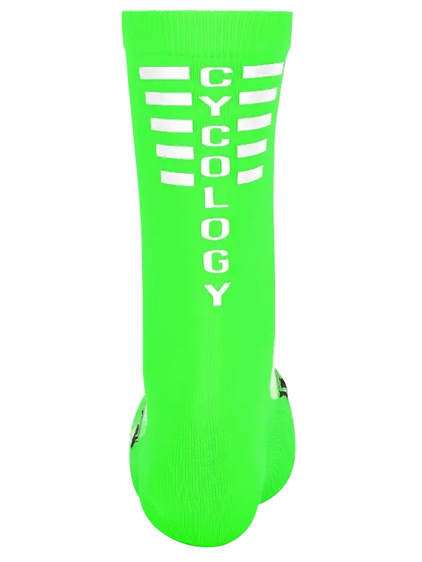 Bright green cycling sock with white CYCOLOGY lettering, designed for men's and women's bike rides.