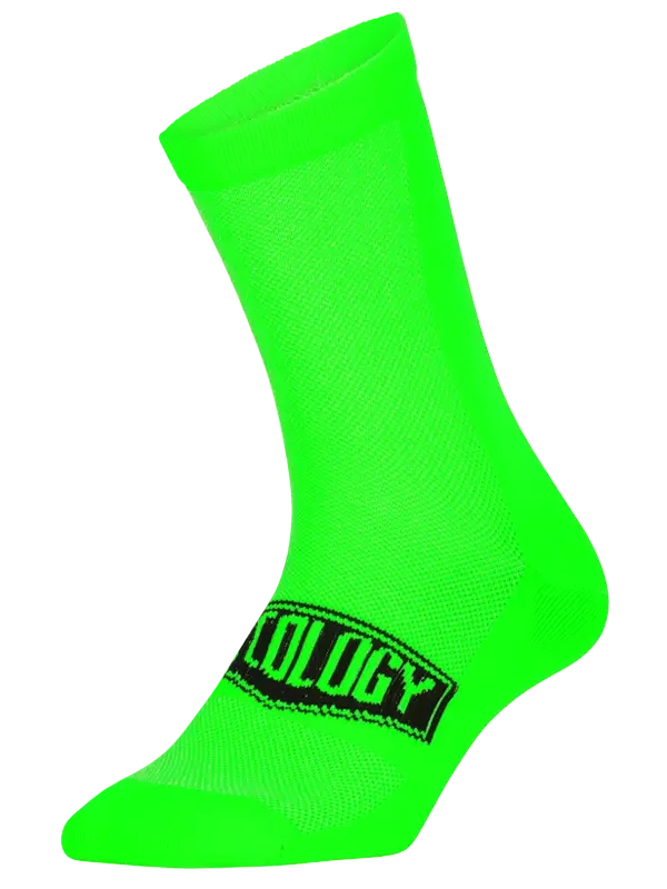 Bright neon green cycling sock with black 'OLOGY' logo, designed for men's and women's bike rides.