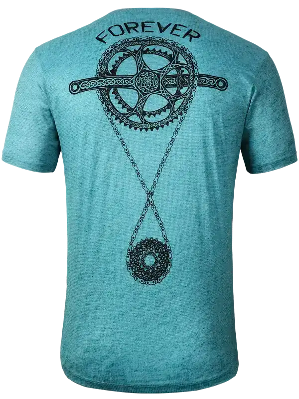 Teal men's cycling t-shirt with 'FOREVER' and bike chainring graphic design