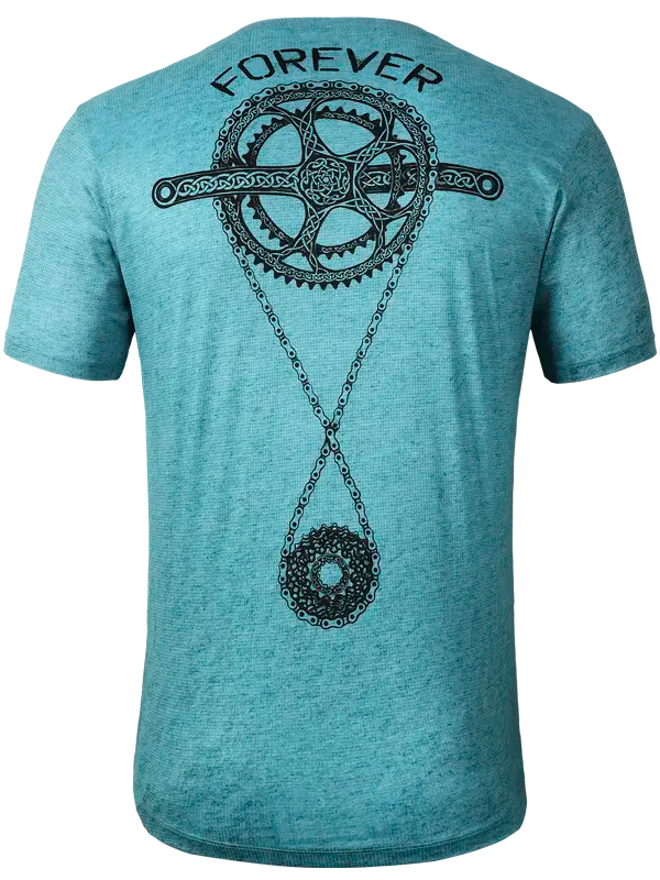 Teal Technical t-shirt with a black bicycle gear and chain design on the back, with 'Forever' text.