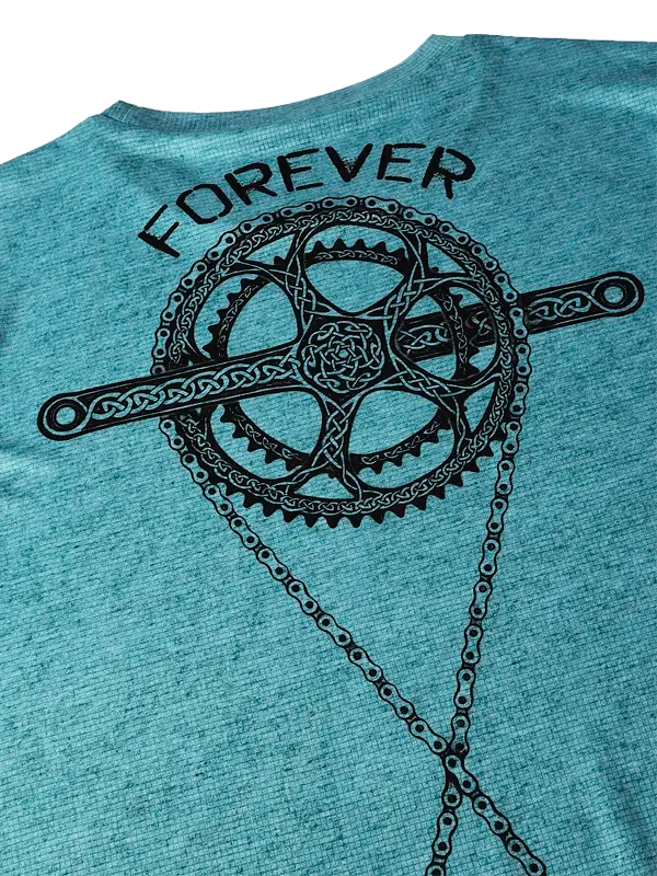  Teal Green  t-shirt with a black bicycle chain and gear design on the back, featuring the word 'FOREVER'.