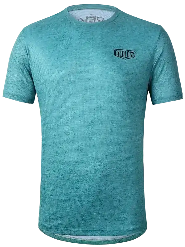 Men's teal cycling jersey with textured fabric and small chest logo, designed for performance and comfort.
