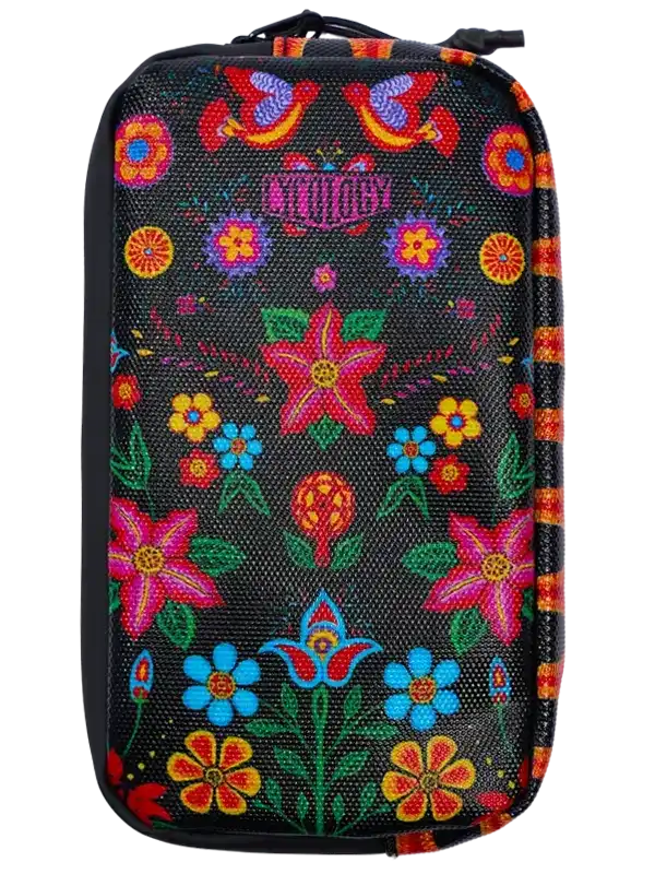 Black cycling pouch with vibrant floral embroidery, ideal for bike accessories storage