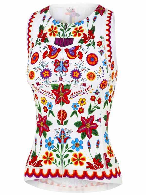 Women's floral cycling jersey with vibrant flowers and birds, perfect for road biking adventures.