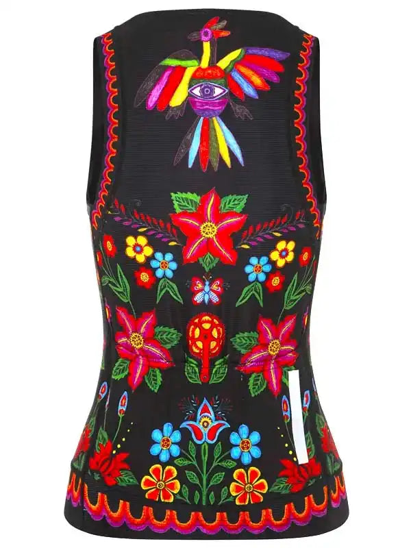 Black women's cycling vest with vibrant floral and bird embroidery, colorful folk art design
