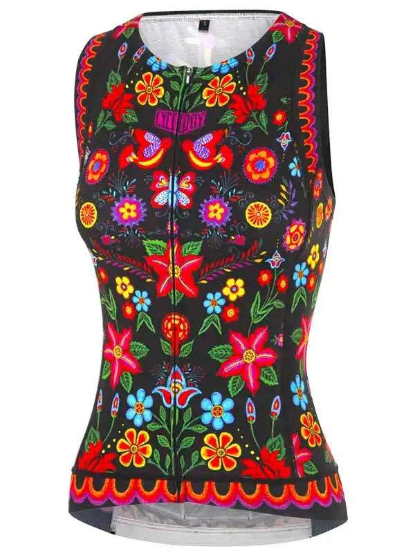 Women's cycling jersey with vibrant floral print, colorful embroidery, and zip front for active rides