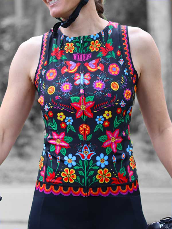 Frida Black Women's Sleeveless Cycling Jersey On Model front  | Cycology UK
