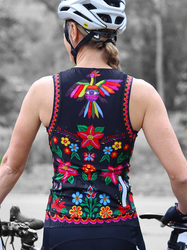 Frida Black Women's Sleeveless Cycling Jersey on model back  | Cycology UK