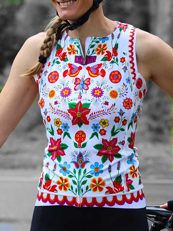 Frida White Women's Sleeveless Cycling Jersey On model front  | Cycology UK