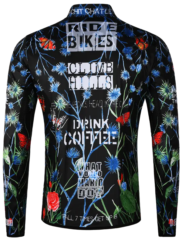Long-sleeve lightweight jacket with floral design and text on a black background