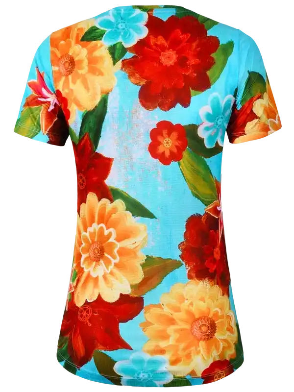 Women's floral cycling jersey with vibrant red, orange, and blue flowers on light blue background