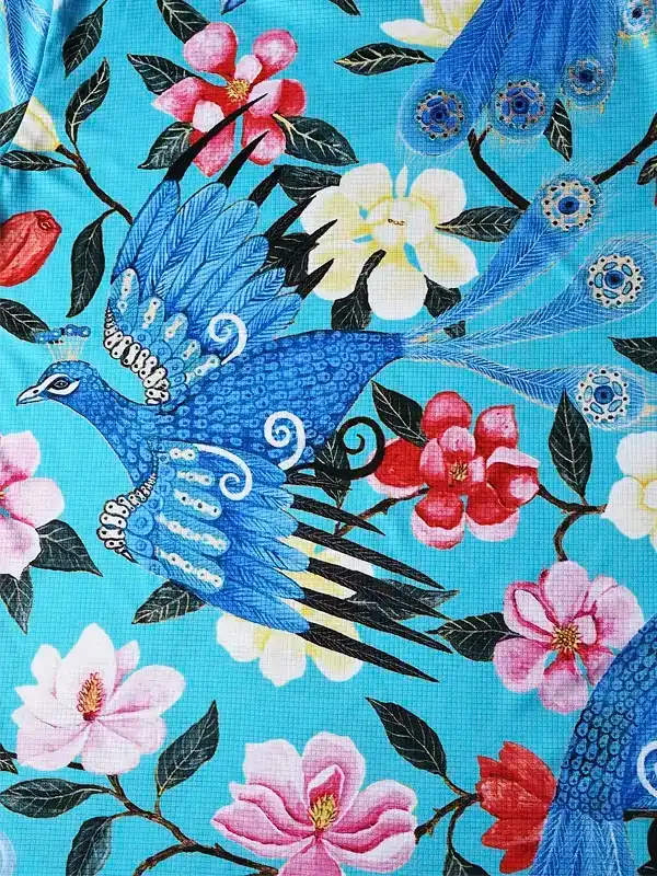 Blue peacock and floral print on cycling jersey fabric, vibrant design for women's or men's bike wear