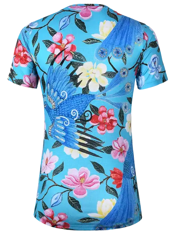 Blue cycling jersey with peacock and floral print, women's bike wear