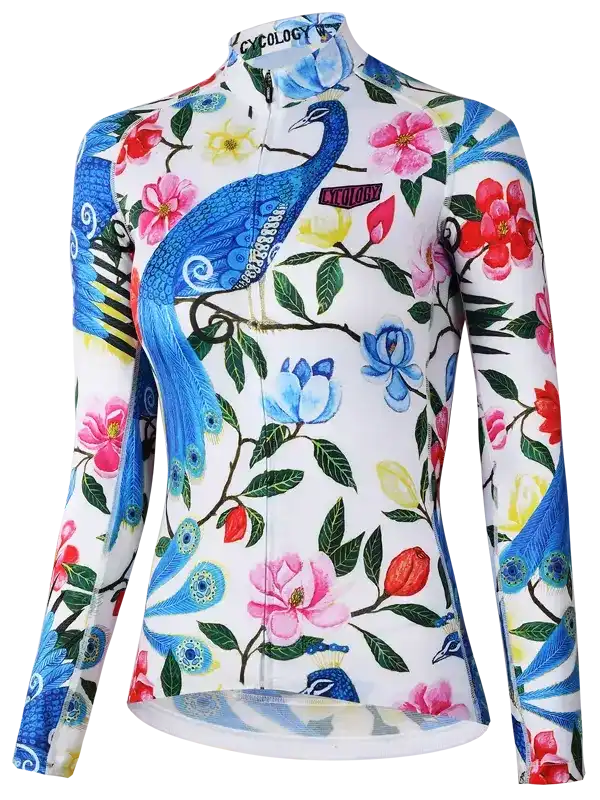 Women's cycling jersey with peacock and floral print, vibrant design for bike rides