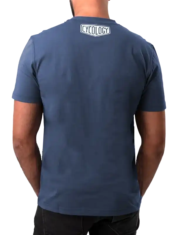 Men's navy blue cycling t-shirt with 'CYCOLOGY' logo on back, ideal for bike rides and casual wear.
