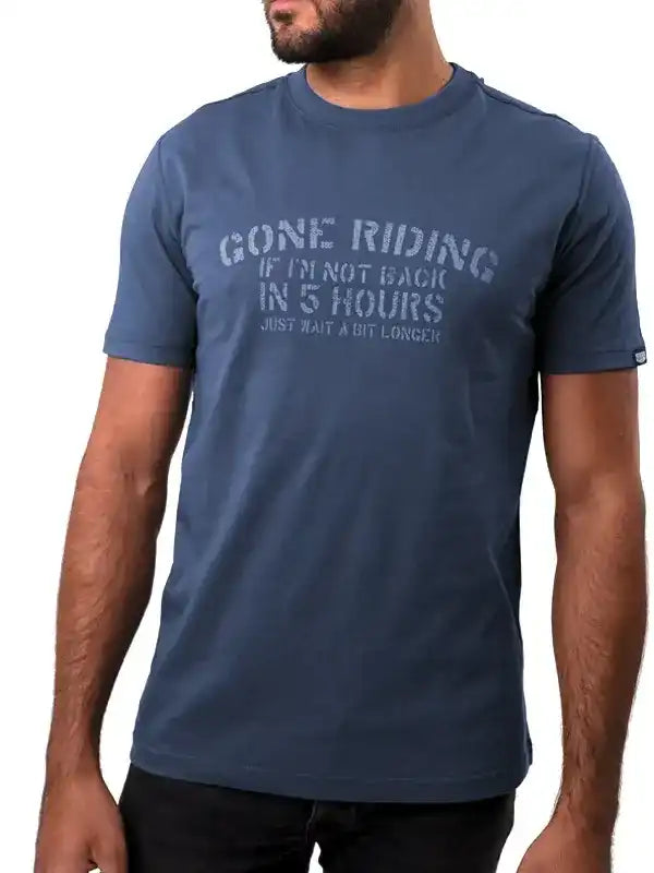Men's navy cycling t-shirt with 'Gone Riding' slogan, perfect for bike enthusiasts and casual wear.