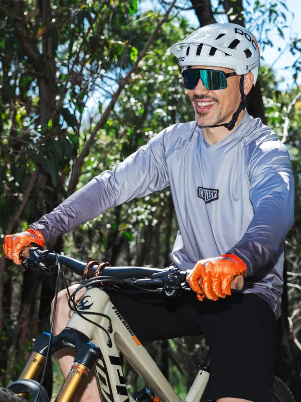 Good Times Grey Men's Long Sleeve Mountain Bike Jersey On model front  | Cycology UK