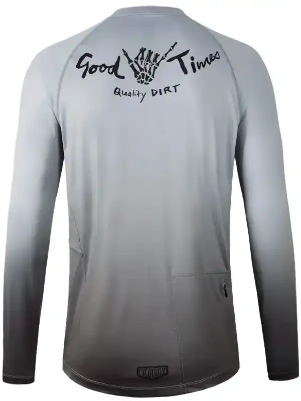 Men's cycling jersey with 'Good Times Quality DIRT' graphic, gradient grey design, rear pockets