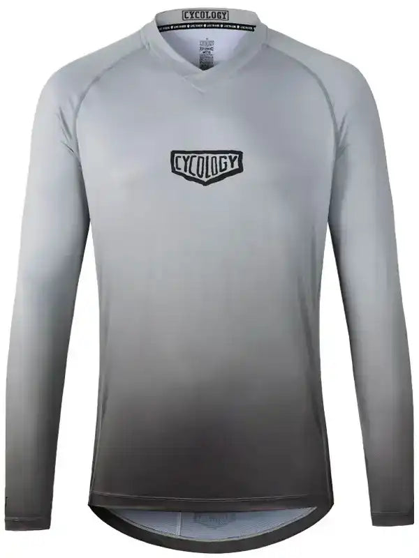 Grey gradient long sleeve cycling jersey with Cycology logo, ideal for men's and women's bike rides
