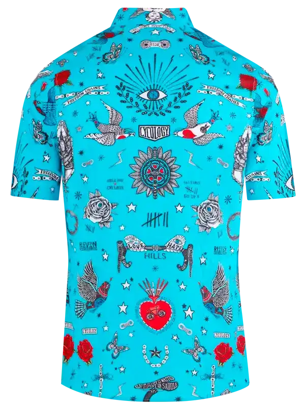 Men's turquoise cycling shirt with tattoo-style birds, roses, and eye print design