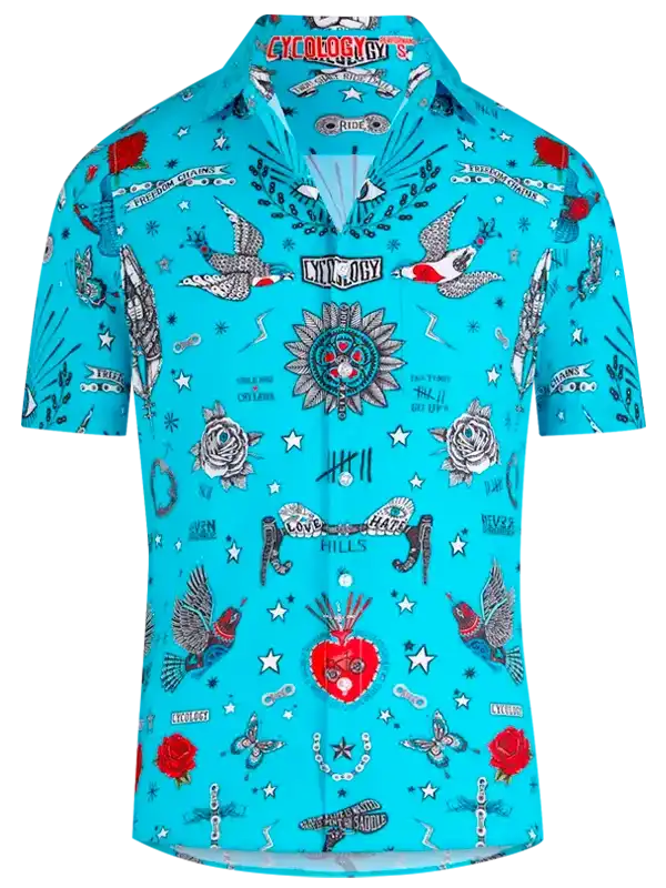 Men's turquoise cycling shirt with tattoo-style birds, roses, and stars print
