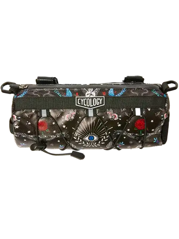 Cycology bike frame bag with psychedelic eye & rose print, black straps, and reflective details