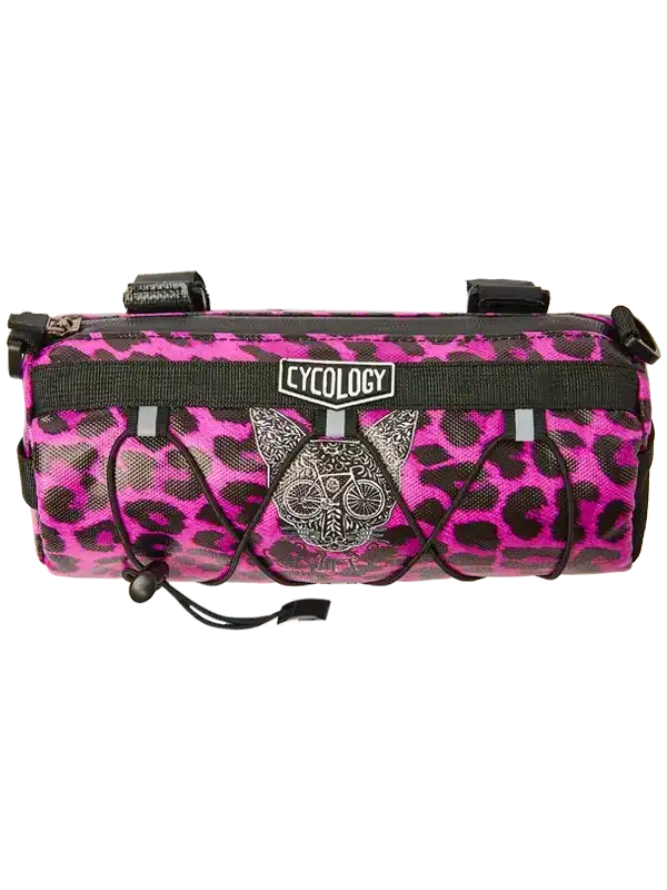 Pink leopard print cycling frame bag with skull design and black straps