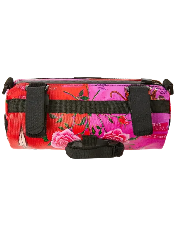 Floral bike frame bag with pink roses, black straps, and vibrant red-pink design for cycling storage